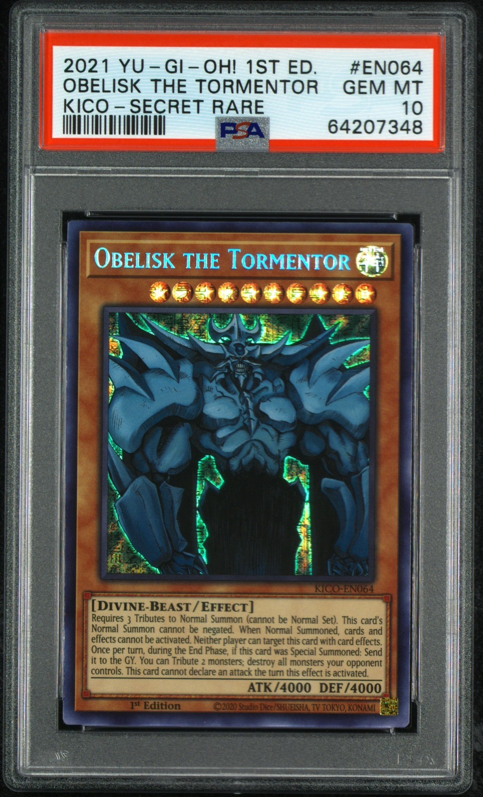 YGO Obelisk the Tormentor 1st Edition SECRET  Pharaoh’s Rare KICO-EN064 PSA 10