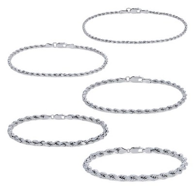 10K White Gold 2mm-5mm Diamond Cut Rope Chain Bracelet Mens Womens