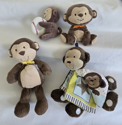 4 Carter's Brown Plush Monkeys,Baseball Ring, 1 Activity Book w/Crinkle Squeak