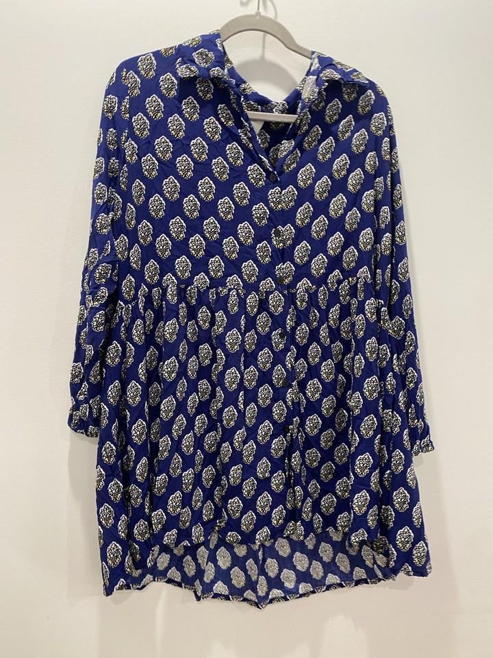 Auguste Long Sleeve Cotton Blue With Floral Print Baby Doll Style dress AU 14