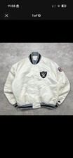VTG 90s NFL RAIDERS STARTER SATIN BOMBER JACKET WHITE SIZE MADE IN USA