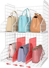 2 Pack Stackable Wire Handbag Organizer with Dividers for Closet White