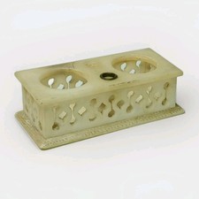 Early Original Pierced Carved Antique Alabaster Double Inkwell Holder Casket