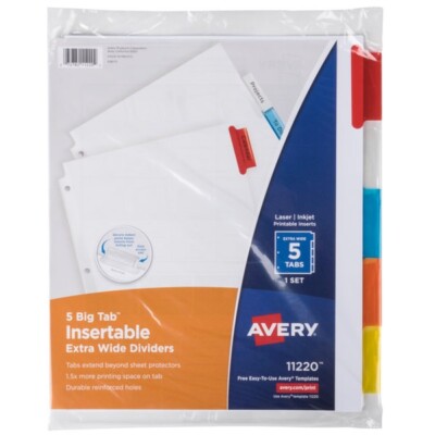 Avery  Big Tab  Insertable Extra-Wide Dividers, 5-Tab Set, Multicolor (11220)