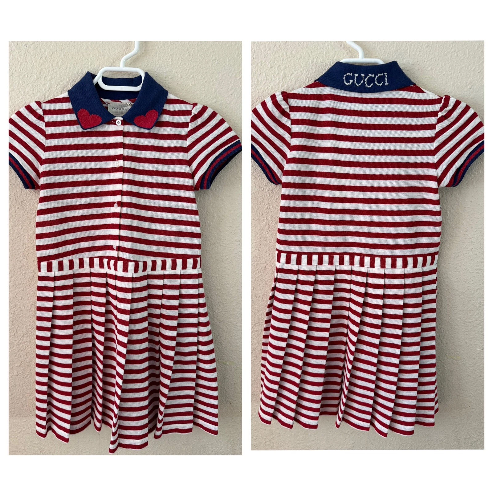 Polo filles Gucci rouge blanc rayé rouge cœur plissé scintillant taille 8 patriotique