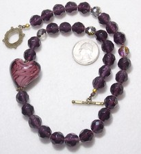 Exquisite Art Glass Swirl Heart Necklace w/Amethyst Purple Crystal Beads, 19"