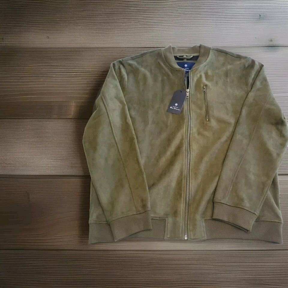 Ben Sherman Faux Suede Bomber Jacket Mens XL Olive Green Full Zipp British Style