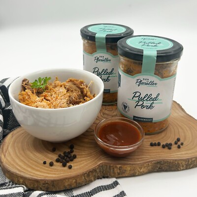 Fertiggericht, hausgemachtes Pulled Pork im Glas (2 Gläser á 400 gr.)