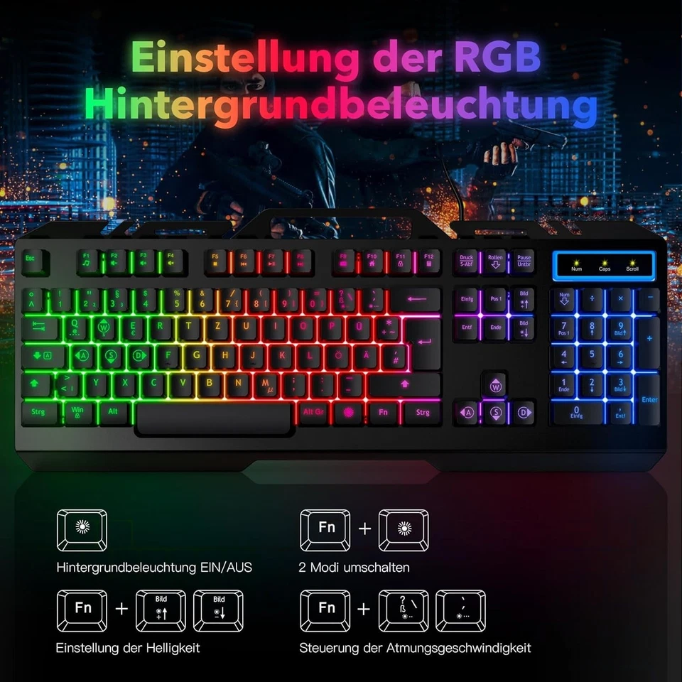 Tastatur Gaming RGB Beleuchtung Computer PC Kabelgebunden Ergonomisch B514 - Bild 3 von 4
