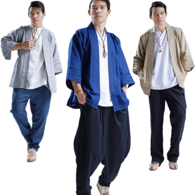 Herren Leinen 3/4 Ärmel Japanische Kimono Hemd Weit Strickjacke Top Retro Solid