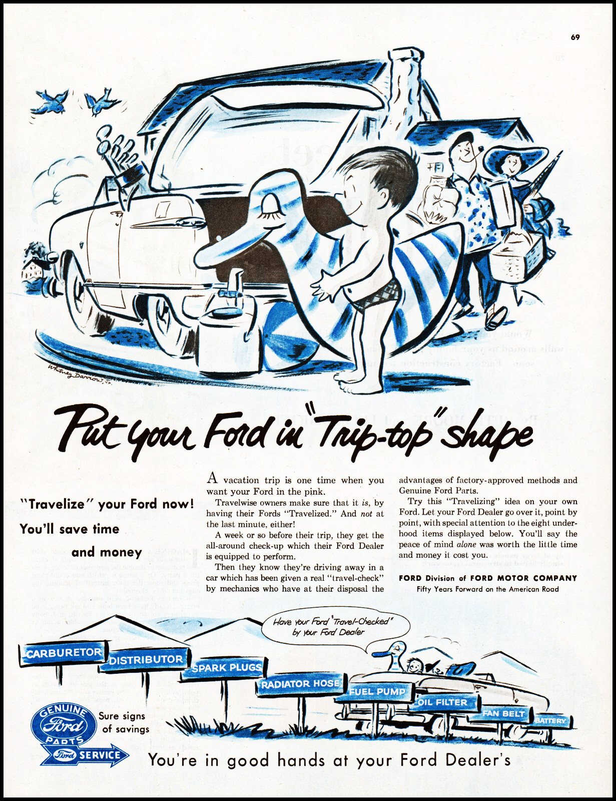 1953 Whitney Darrow Jr. art Ford Motor Company retro print ad adL48 eBay