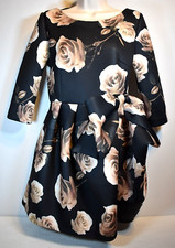 Black Neoprene Cocktail Dress w/Huge Dusky Pink Roses, Pockets, Side Bow, Size 4