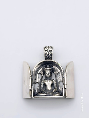 NEU BUDDHA TEMPEL SCHREIN AMULETT MIT ÖFFNENDEN TÜREN STERLINGSILBER SCHMUCK ANHÄNGER!