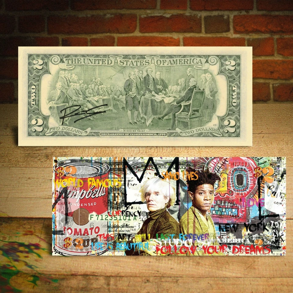 Billete de $2 genuino de arte pop de artistas famosos de Warhol Basquiat FIRMADO A MANO por Rency Foto 3 de 3