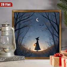 Silhouette Witch with Pumpkin Wooden Sign Moonlit Forest Halloween Fall Decor
