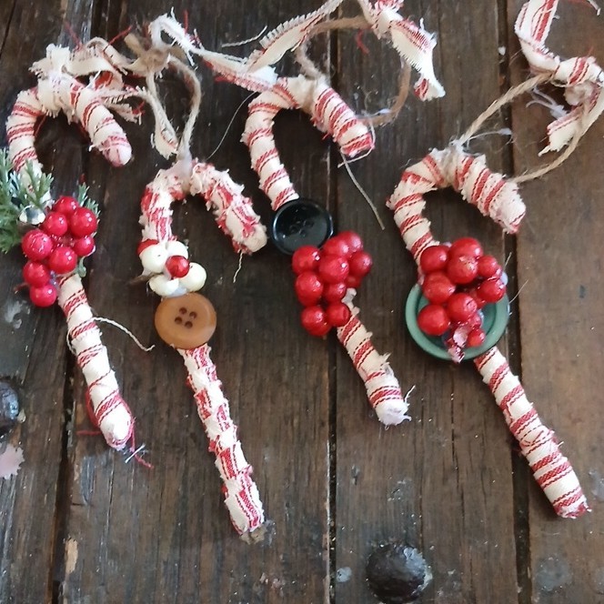 Handmade Rustic Striped Fabric Candy Cane Ornaments with Buttons Set of 4