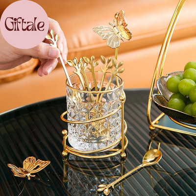 6PCS Coffee Spoons Set with Glass Holder,Small Stainless Steel Gold Tea Spoon,Mi