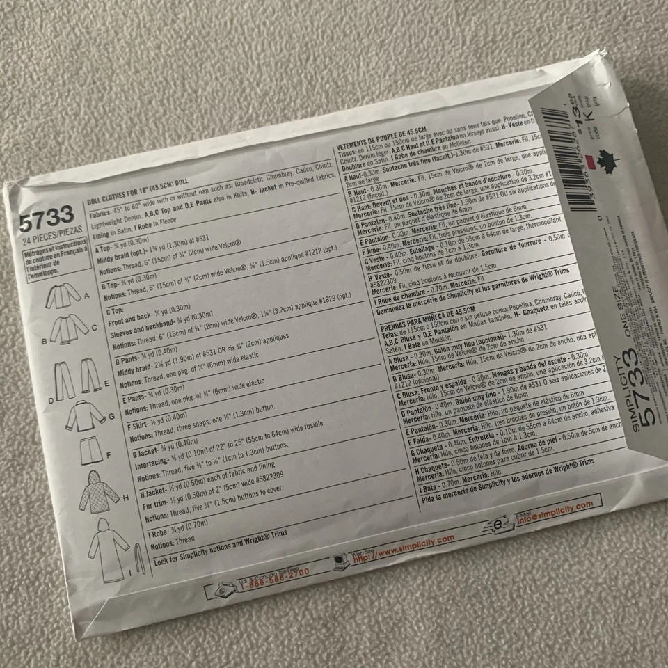 Simplicity Crafts 18" Doll Clothes Pattern Lot 5733 4786 4654 2458 4364 UNCUT - Image 3 of 4