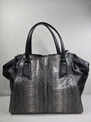 Botkier New York Black Silver Animal Print Satchel Top Handle Zip Strap Pockets