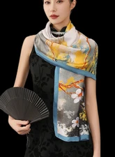 100% Silk mulberry Scarf Women neckerchief Shawl Wrap floral yellow gray HD1-27