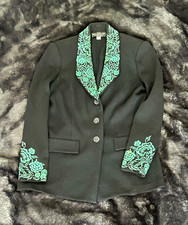 St. John Black Silk Long Jacket Size 4 Green Floral Embroidered Buttons