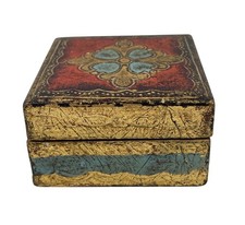 Italian Hand-Painted Vintage Wooden Trinket Box With Gold Leaf Floral Motif