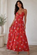 Red Floral Maxi Dress with Criss-Cross Straps