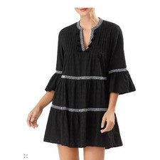 Tommy Bahama Black Lace Eyelet Dress Embroidered Trim Bell Sleeve Tiered XL