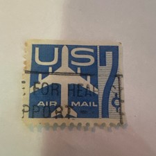 U.S. Air Mail Blue/White Used Stamp, Aviation Topic, Machine Cancel
