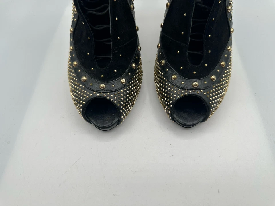 Alexander McQueen Black Suede Studded Heel Peep Toe Bootie Pump Women Sz 40.5/10 - Image 2 of 4