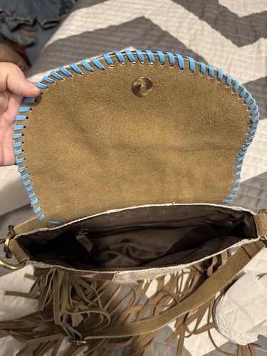 Leather Crossbody Bag W/Hsir On Cowhide Teal Lacing & Fringe NEW - Picture 9 of 14