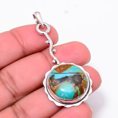 Copper Turquoise - Pilot Mountain Handmade 925 Sterling Silver Pendant 2.15'' P5
