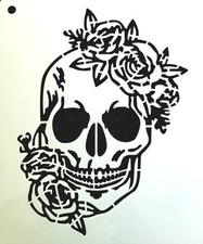Human Skull Roses Stencil- Painting or Airbrushing - 5 X 6" - Scary Skeleton