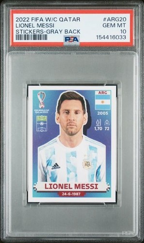 2022 PANINI FIFA WORLD CUP STICKERS ARG20 LIONEL MESSI STICKERS GRAY BACK PSA 10