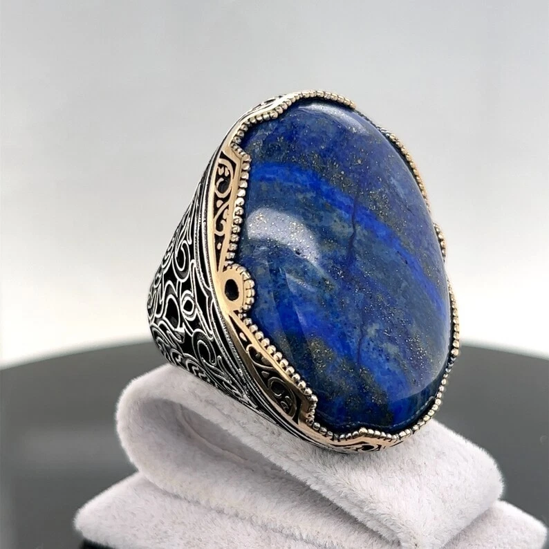 Anillo hecho a mano turco de piedra de lapislázuli grande natural de plata 925 Foto 3 de 4