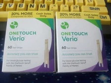 120 ONE TOUCH VERIO TEST STRIPS, 2 X 60, EXP  1 & 3-27, GOOD SEALED BOXES