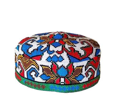 UZBEKISCHER IROQI STAMM HANDBESTICKTER SEIDENHUT - UNISEX - CA. 23"