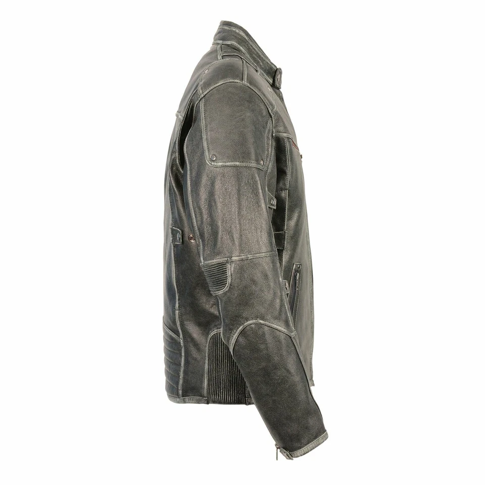 CHAQUETA DE CUERO GRIS ENVEJECIDO VINTAGE PARA MOTOCICLETAS PARA HOMBRES con DOS BOLSILLOS PARA ARMAS - SADA Foto 4 de 4