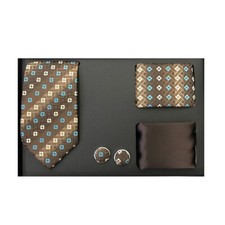 New Men's necktie solid  pattern hankie cufflinks 4 pc Gift Set Brown Beige