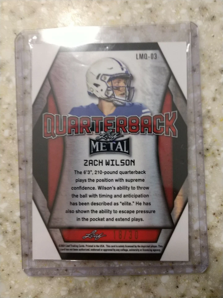 2021 ZACH WILSON LEAF Metal 18/30 Quarterbacks PURPLE MARBLE MINT RC JETS - Image 2 of 2