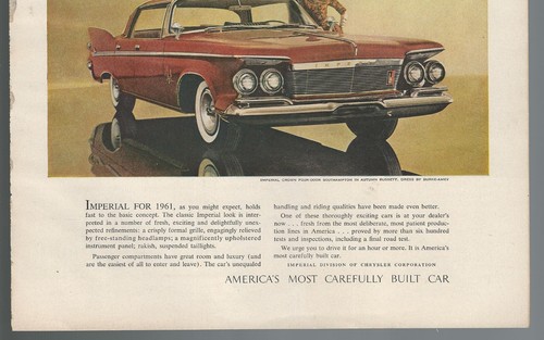 1961 CHRYSLER IMPERIAL advertisement, large sedan print ad, folded - Foto 3 di 3