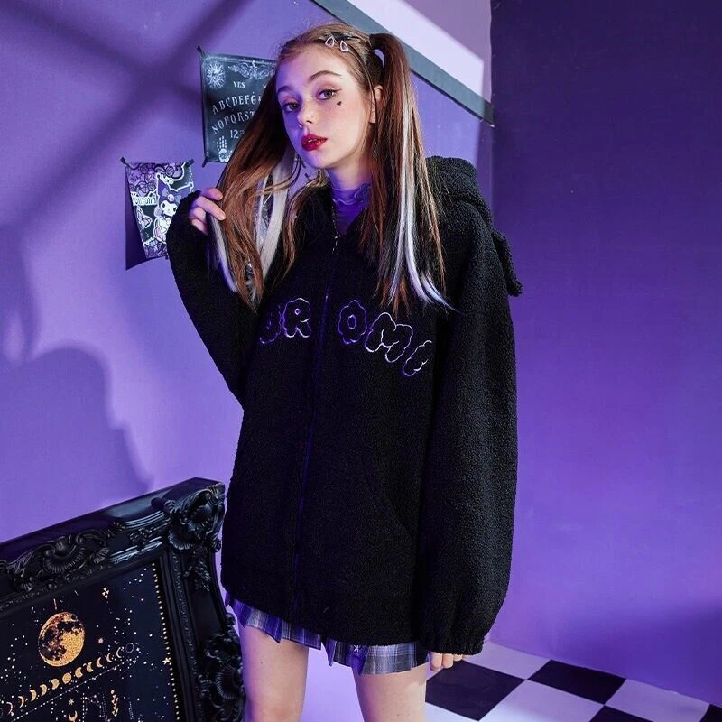 Kuromi Devil Causual Black Fleece Hooded Zipper Jacket Coat Girl Tops Sweatshirt - Image 3 of 4
