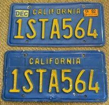 California 1992 License Plate PAIR # 1STA564
