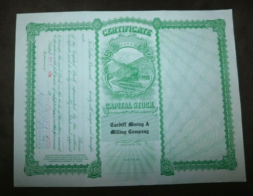 CARDIFF MINING AND MILLING CO 1955 Stock Certificate UTAH - Picture 2 of 2