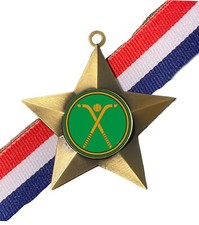 Shinty Sticks Award Personalised Antique Gold Star Medal & Ribbon
