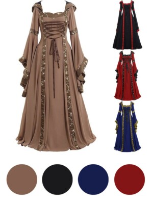 Women Vintage Celtic Medieval Floor Length Renaissance Gothic Cosplay Long Dress