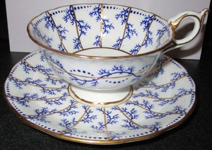 Beautiful Coalport Pedestal Bone China Blue Gold Cup Saucer