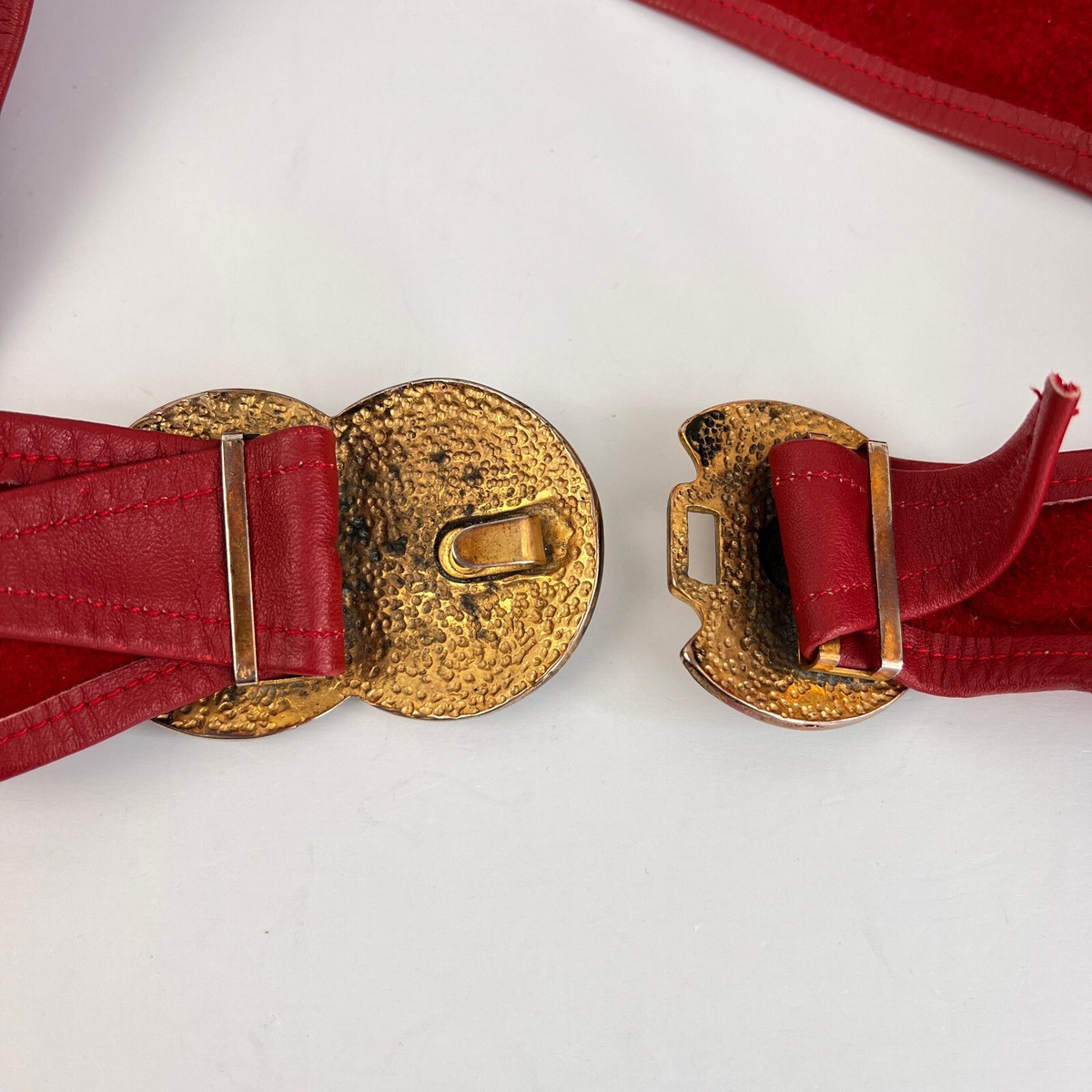 Vintage Original 80s Red Leather Belt With Chunky Brass  display picture 1
