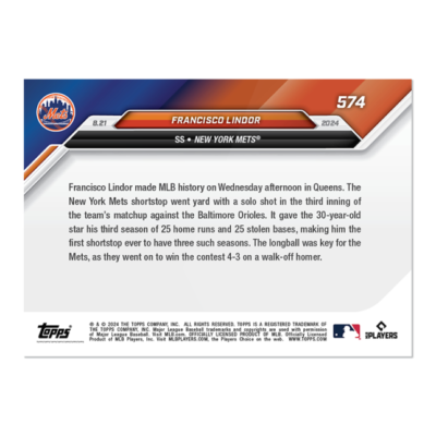 Francisco Lindor 3rd 25 HR 25 SB Season 2024 MLB TOPPS NOW Card