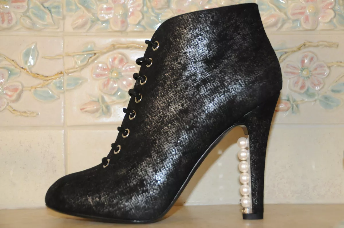 $1495 NEW CHANEL Black Silver Pearls Heels Lace up Ankle Booties BOOTS  Shoes 37